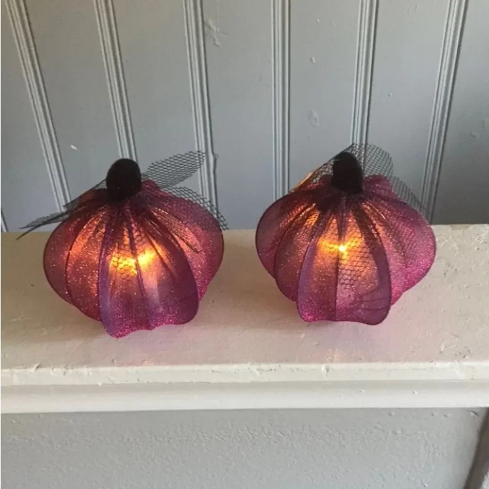 NWT- 2- Elegant Purple Lace Covered Light Up LED Halloween Pumpkin Decorations